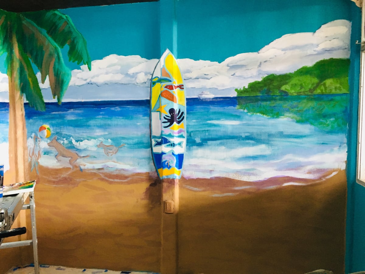 Liam's Mural, Part II (Pacific Ocean and surfboard) by Jeannina Blanco 