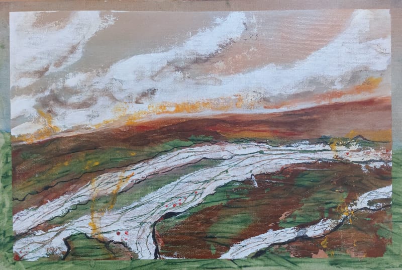 Through the hills by Karen Osborne  Image: Small semi abstract acrylic of rolling hills and sky at sunset. Exploring the merging of land and sky, the flow between earth and air.