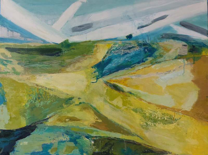 It stretched for miles by KJOsborne Artist  Image: One of the large pieces in my Dreamscape collection. The Dreamscapes series taps in to imagined vistas, some touched by serenity and some with news of a coming storm.This piece takes in the sweep of summer fields and the limitless sky seen from an elevated position. The day is full of promise and hope.