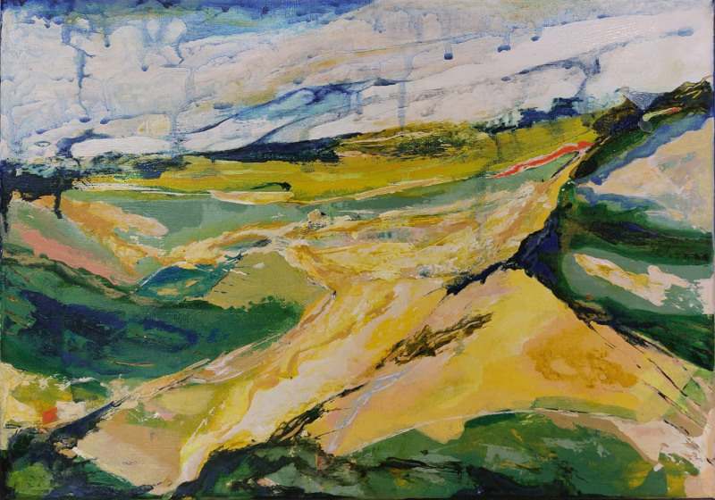 The weather gathered by KJOsborne Artist  Image: Part of the Dreamscape collection. The rain is sweeping towards me across the summer fields. The warmth of the sun will soon be washed away. This piece is supplied in a light wood frame.