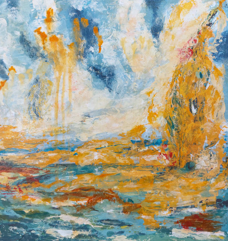 Molten Gold by Karen Osborne  Image: Evocative semi abstract acrylic of trees and sky at sunset from my Flow series in which I build layers upon layers to build depth and ‘flow’ into the work. Exploring the merging of land and sky, the flow between earth and air.