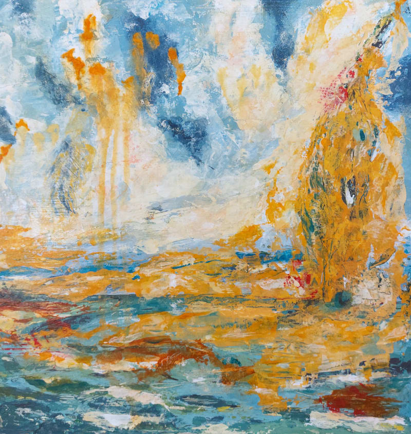 Molten Gold by KJOsborne Artist  Image: Evocative semi abstract acrylic of trees and sky at sunset from my Flow series in which I build layers upon layers to build depth and ‘flow’ into the work. Exploring the merging of land and sky, the flow between earth and air.