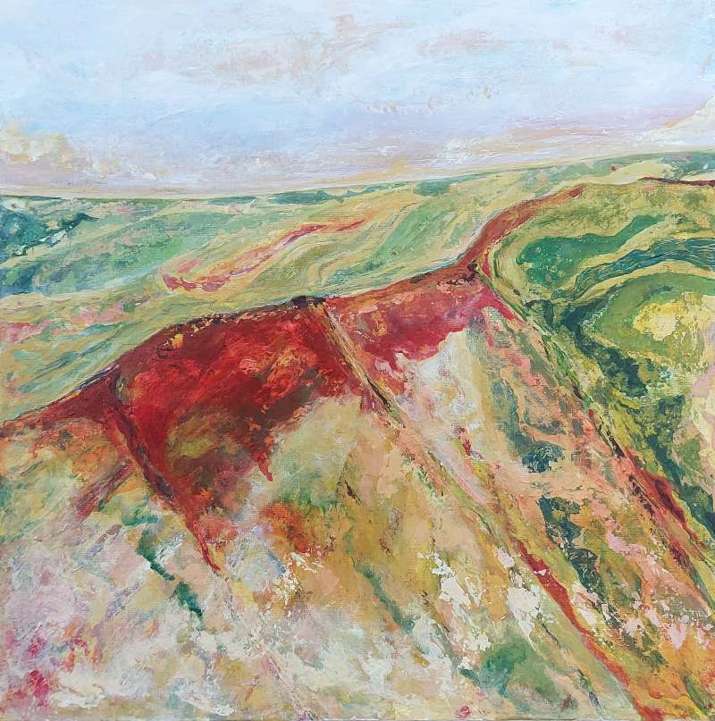 Touching Amber by KJOsborne Artist  Image: Golden evening light flows over a Devon hillside. Touching Amber is part of my Finding My Space series in which I subvert colour and abstract to remove detail and allow focus on the energy and spirit of a place.