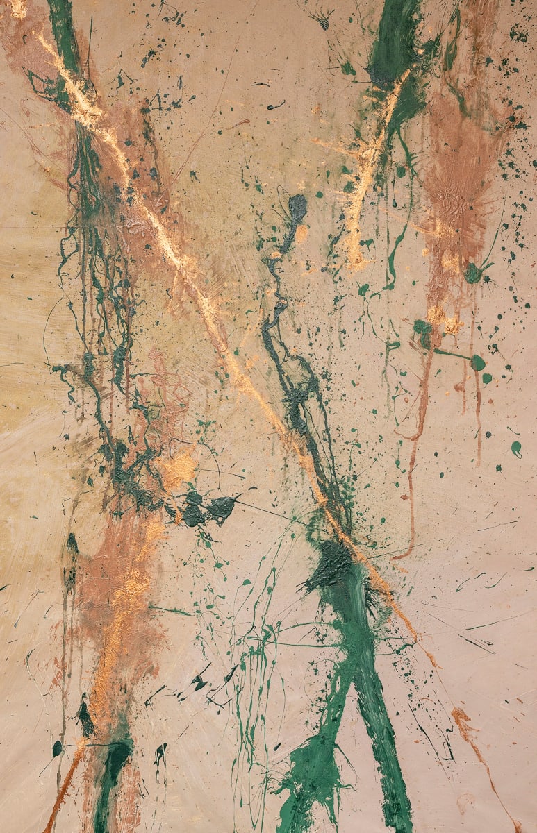 Lightning Dances with Earth by Artist Aimee J  Image: Golds and greens explode across the canvas.