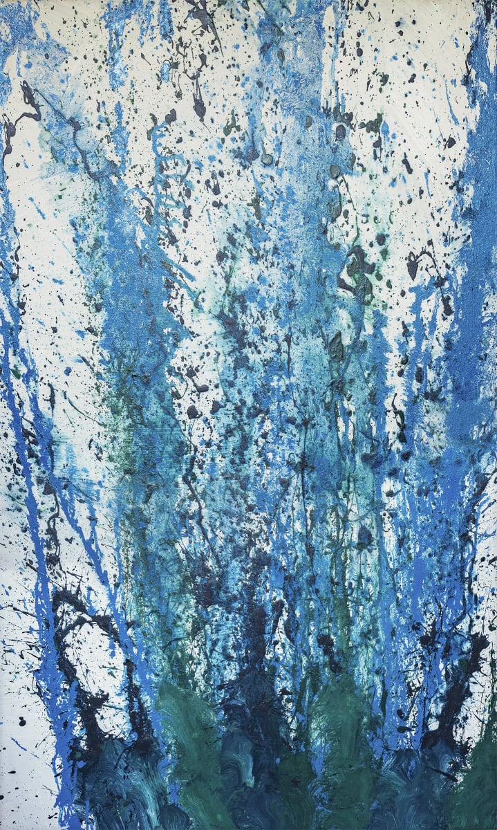 Waves Crashing by Artist Aimee J  Image: Blue waters rushing, splashing upward towards the sky.