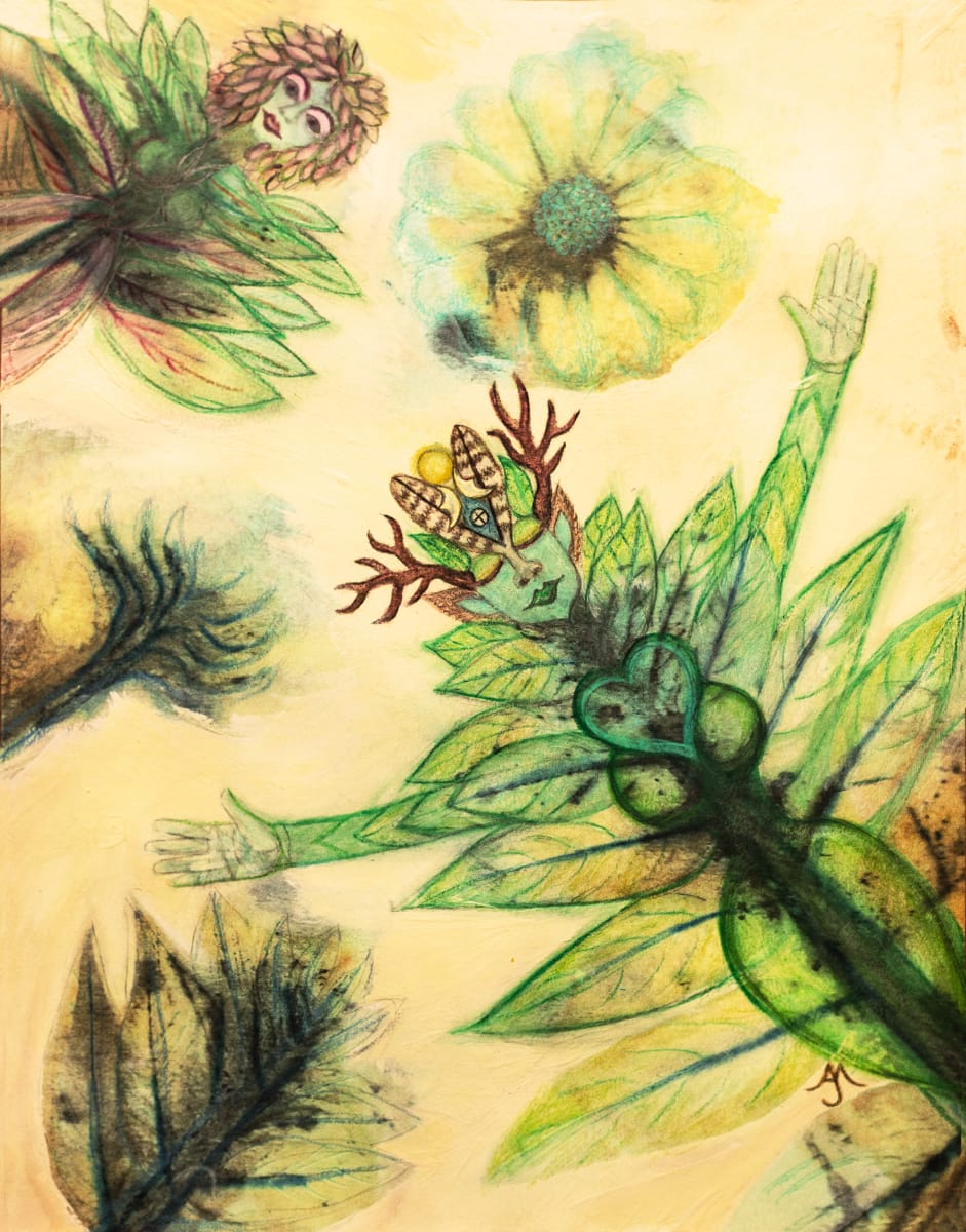 Green Goddess by Artist Aimee J  Image: Earth Goddess emerging from leaves printed on paper.
