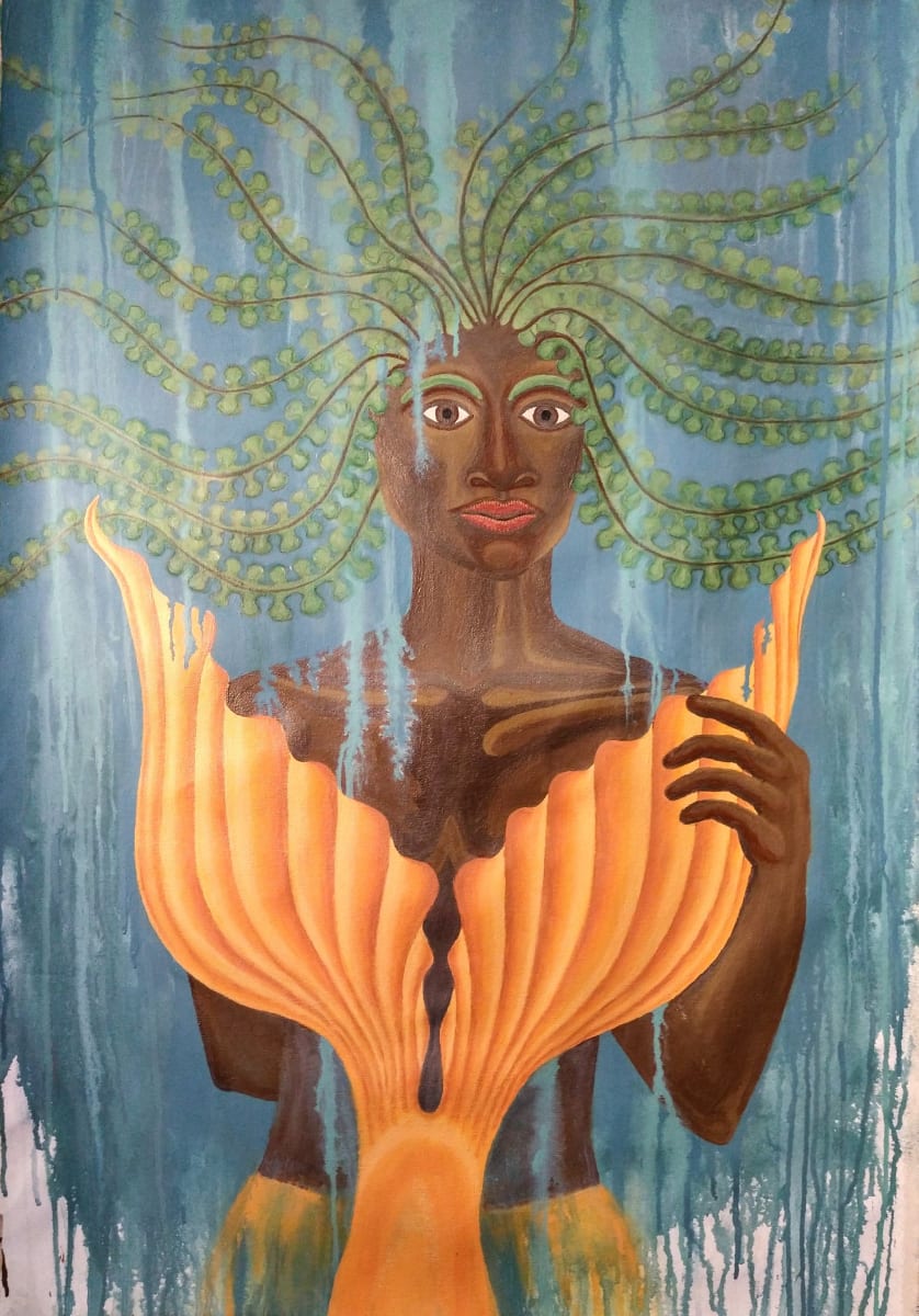 Swims Upstream  -  Pronouns: they, them by Artist Aimee J  Image: Non-dominate hand painting of strong and elegant Black merfolk