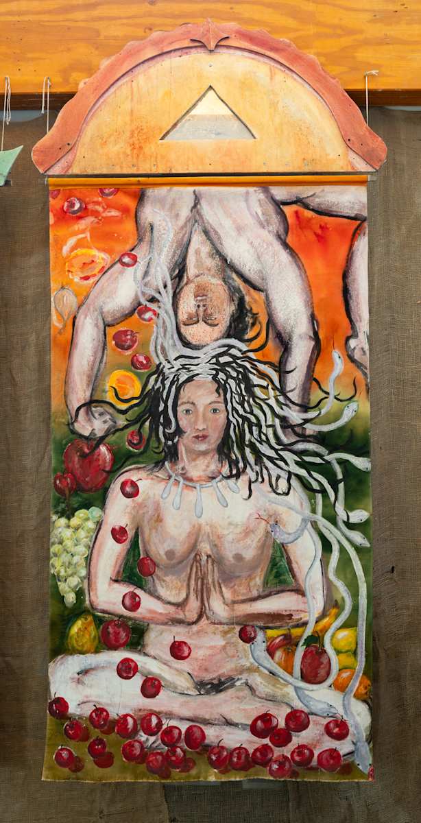 Peace Shrine Triptych | Shrine Arch Roof Gorgon by Rumi Tsuda  Image: Gorgon | 84"H X 45"W; Acrylic, Fabric Dye, Canvas. #1024