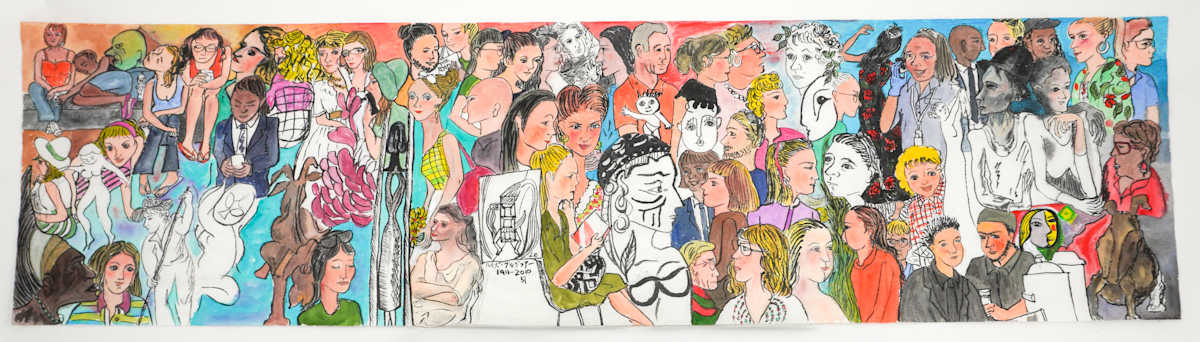 1087 Museum Drawing by Rumi Tsuda Estate  Image: Drawing by Rumi Tsuda of a crowd at an art exhibition in New York City 2010