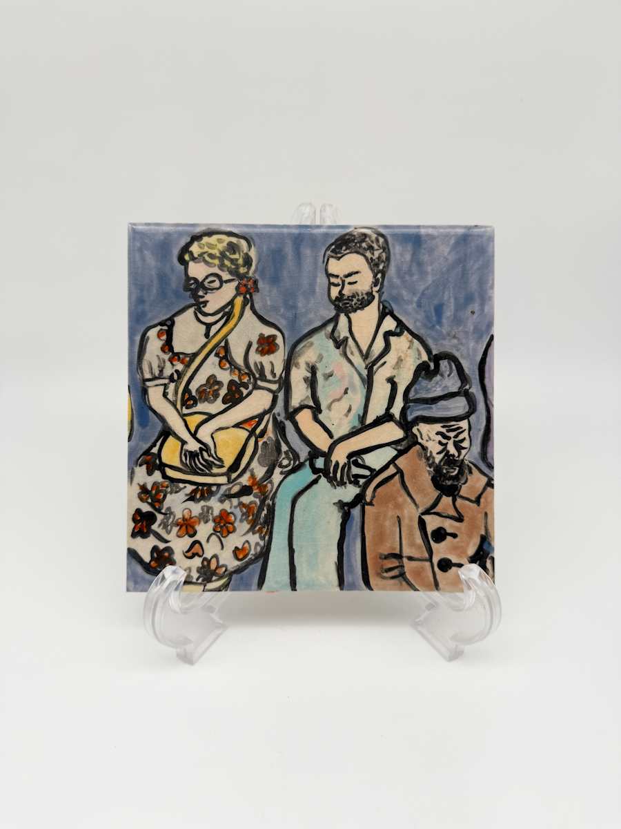 Illustrated Tile - Blue, 2 Men and a Woman in floral dress by Rumiko "Rumi"  Tsuda Estate, Image 2.