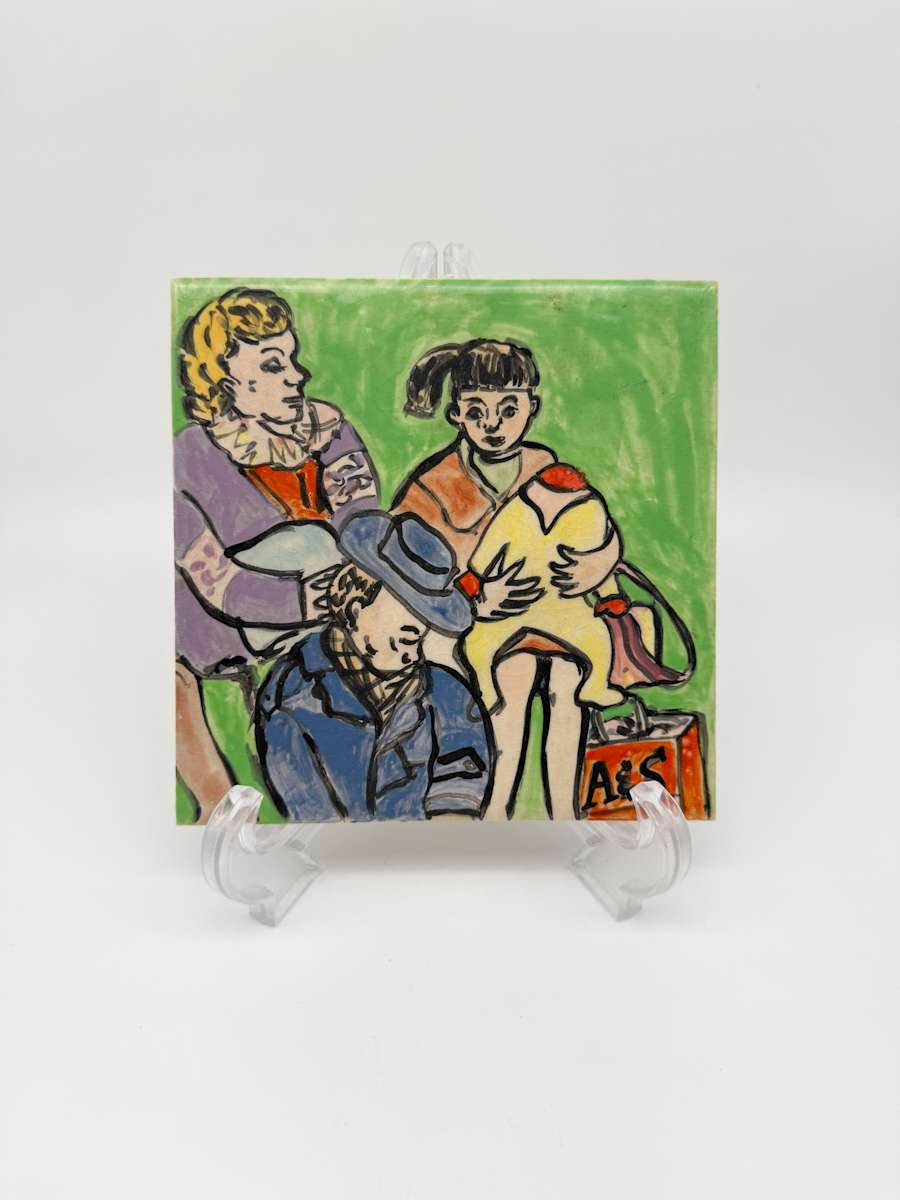Illustrated Tile - Green, 3 people and 1 baby by Rumiko "Rumi"  Tsuda Estate, Image 2.