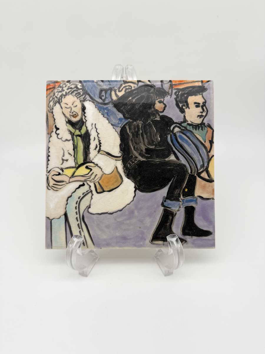 Illustrated Tile - Blue, 2 people one in a white coat by Rumiko "Rumi"  Tsuda Estate, Image 2.