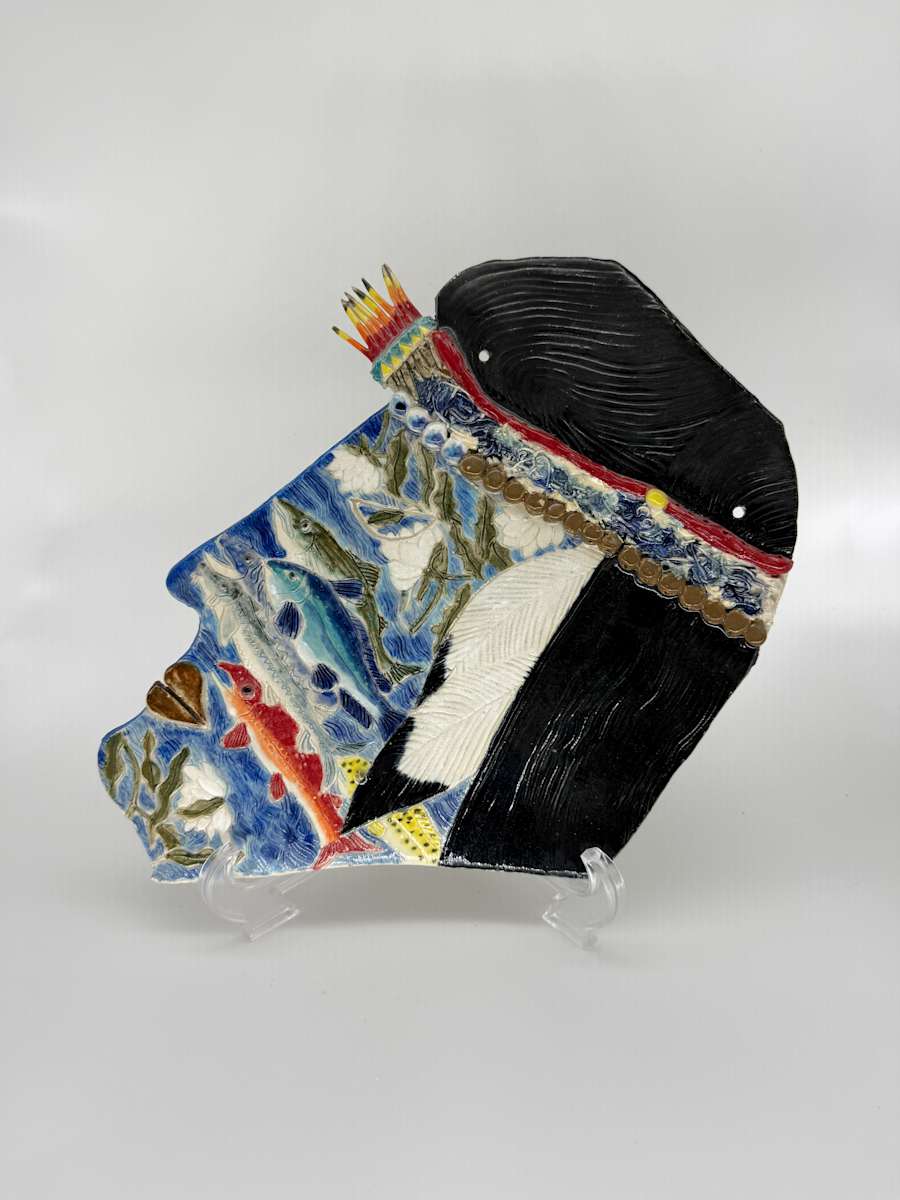 Hanging Tile | Native American Head, Profile w/ Aquatic Images by Rumiko "Rumi"  Tsuda Estate, Image 1.