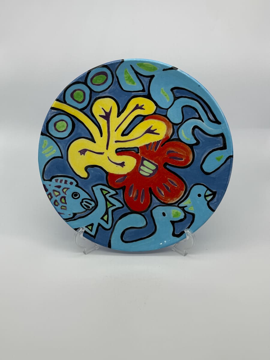 Bird & Flower Plate (1 of 2) Blue by Rumiko "Rumi"  Tsuda Estate, Image 2.