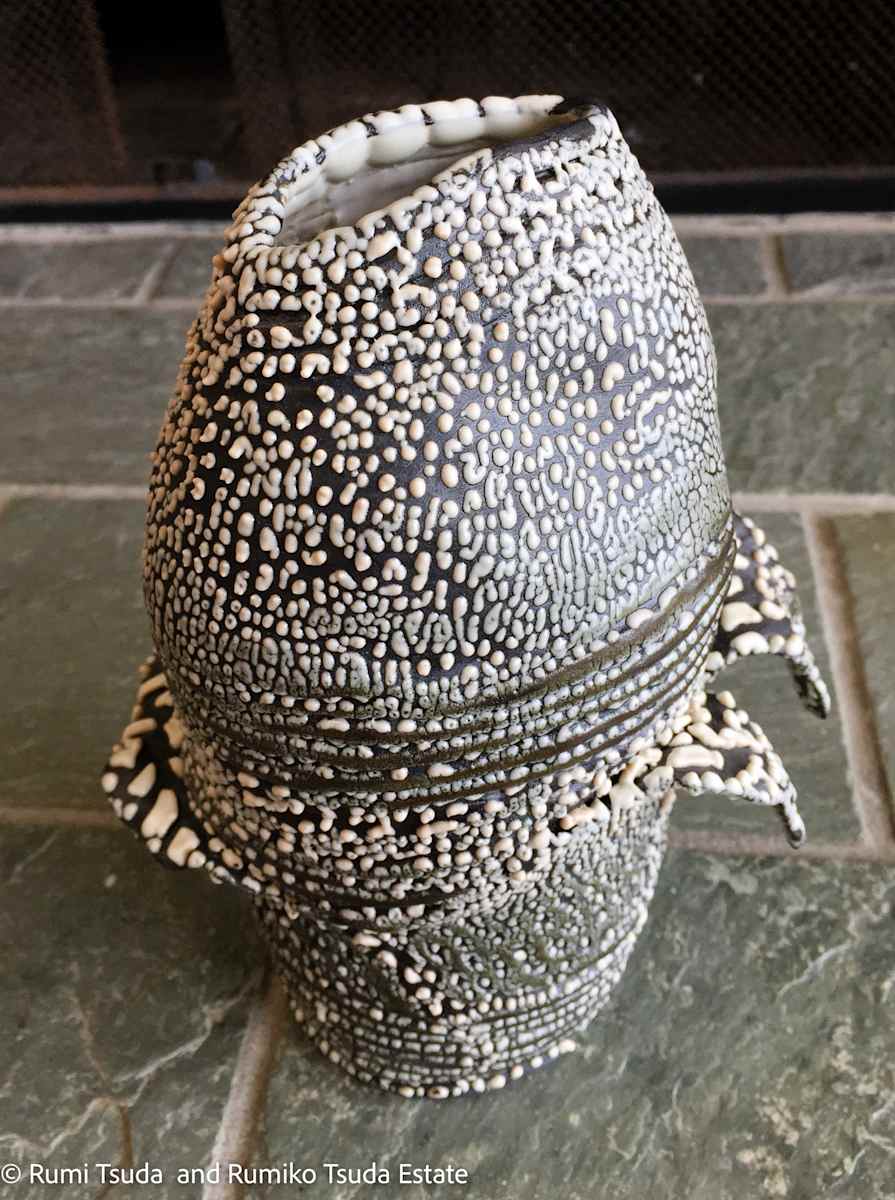 Black Sand Beach, White Clay with Black Under Glaze, Vase by Rumi Tsuda 
