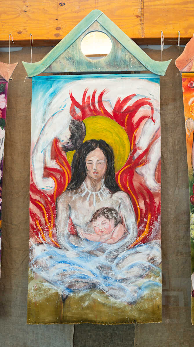 Peace Shrine Triptych | Madonna and Child by Rumi Tsuda  Image: Madonna and Child: 84"H X 45"W; Acrylic, Fabric Dye, Canvas
