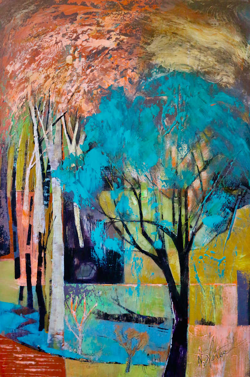 River Runs Through by Nicole Slater  Image: A vibrant abstract landscape features a mix of bold colors like turquoise, orange, and earthy tones, depicting trees and grassy areas. The dynamic brush strokes create a sense of movement and depth, evoking a lively forest scene.