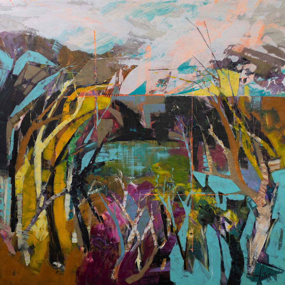 Lively Landscape by Nicole Slater  Image: Vibrant, abstract trees in shades of yellow, blue, and purple rise against a mixed background, evoking a lively and dynamic landscape. Bold geometric shapes and contrasting colors create a sense of movement and dept
