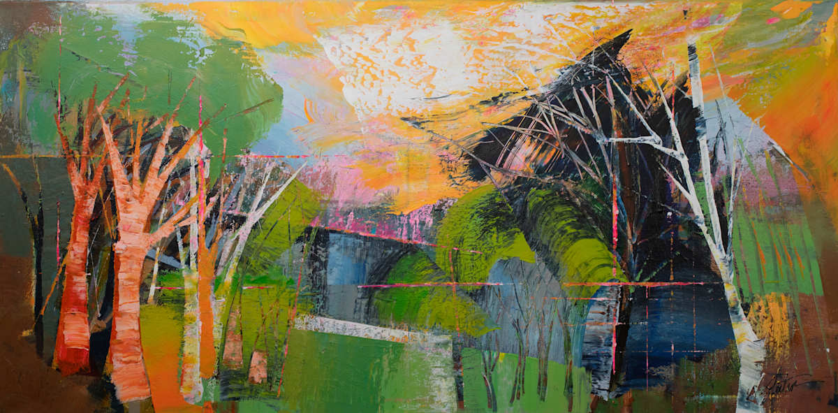 Dynamic Colorfield by Nicole Slater  Image: Vibrant colors and abstract forms merge to depict a lively landscape with trees and a structure against a colorful sky. Bold brush strokes mix green, orange, and blue hues, creating a dynamic and energetic scene.