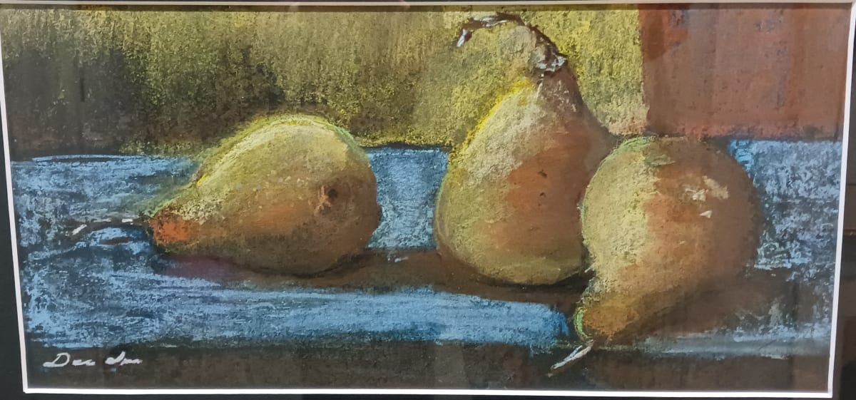Three Pears on Blue Table by dennis gordon 