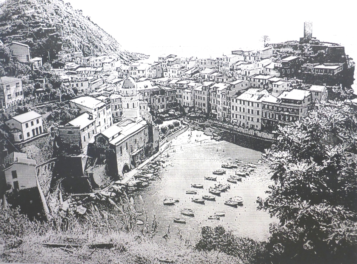 Vernazza, Cinque Terre by dennis gordon  Image: Wood Engraving of seaside town of Vernazza, Italy