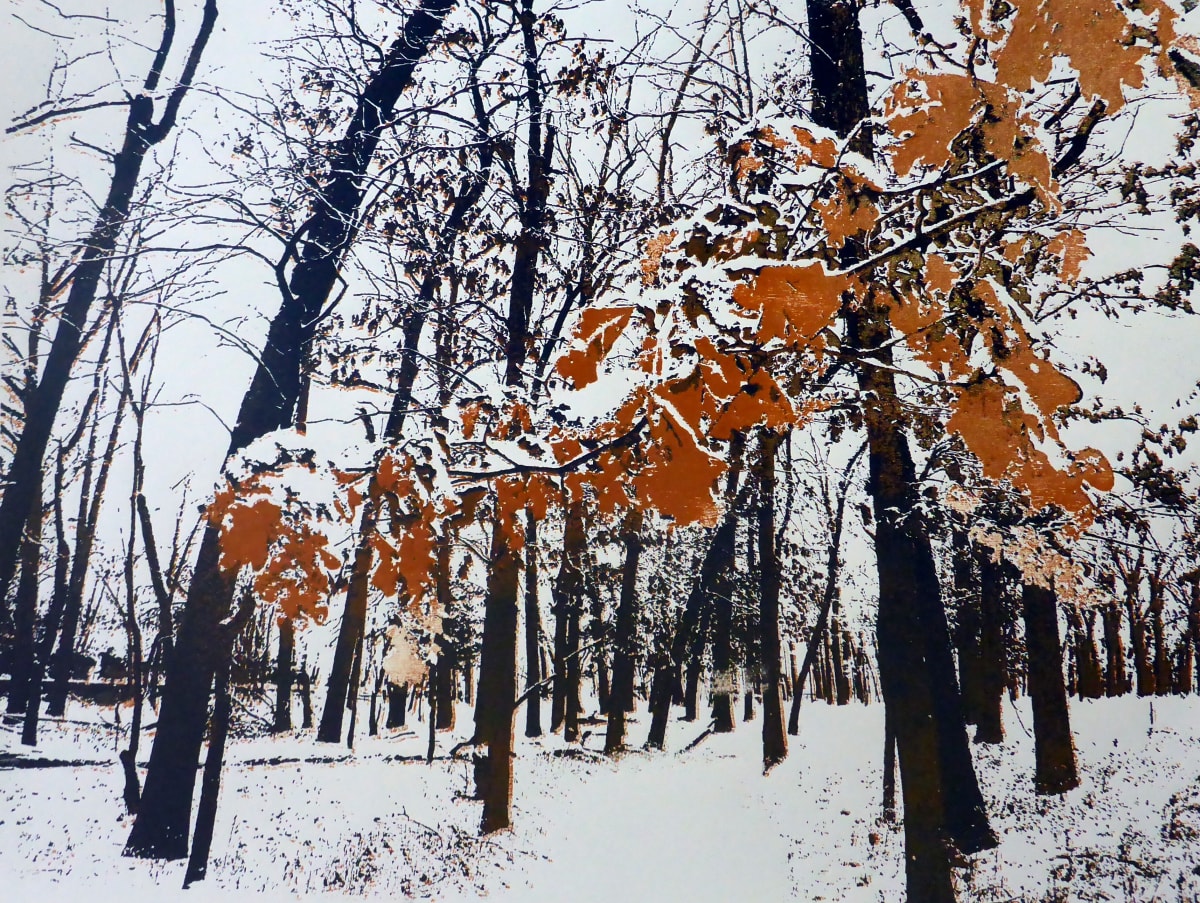 Winter Oak Leaves by dennis gordon  Image: Two Plate Woodcut of winter oak leaves in Michigan Park