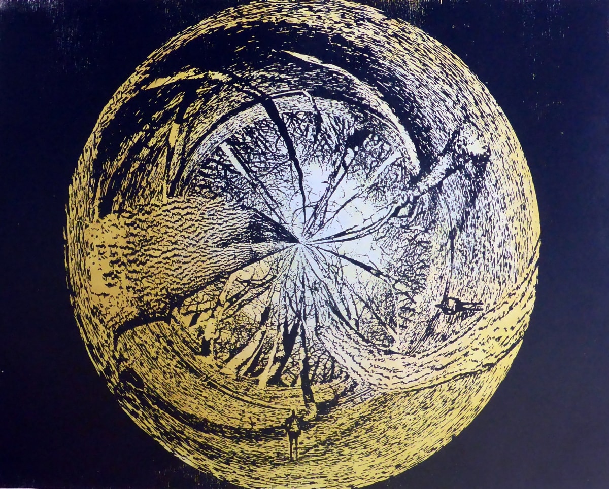 Circular Hikers by dennis gordon  Image: Wood block print of two hikers going into some woods