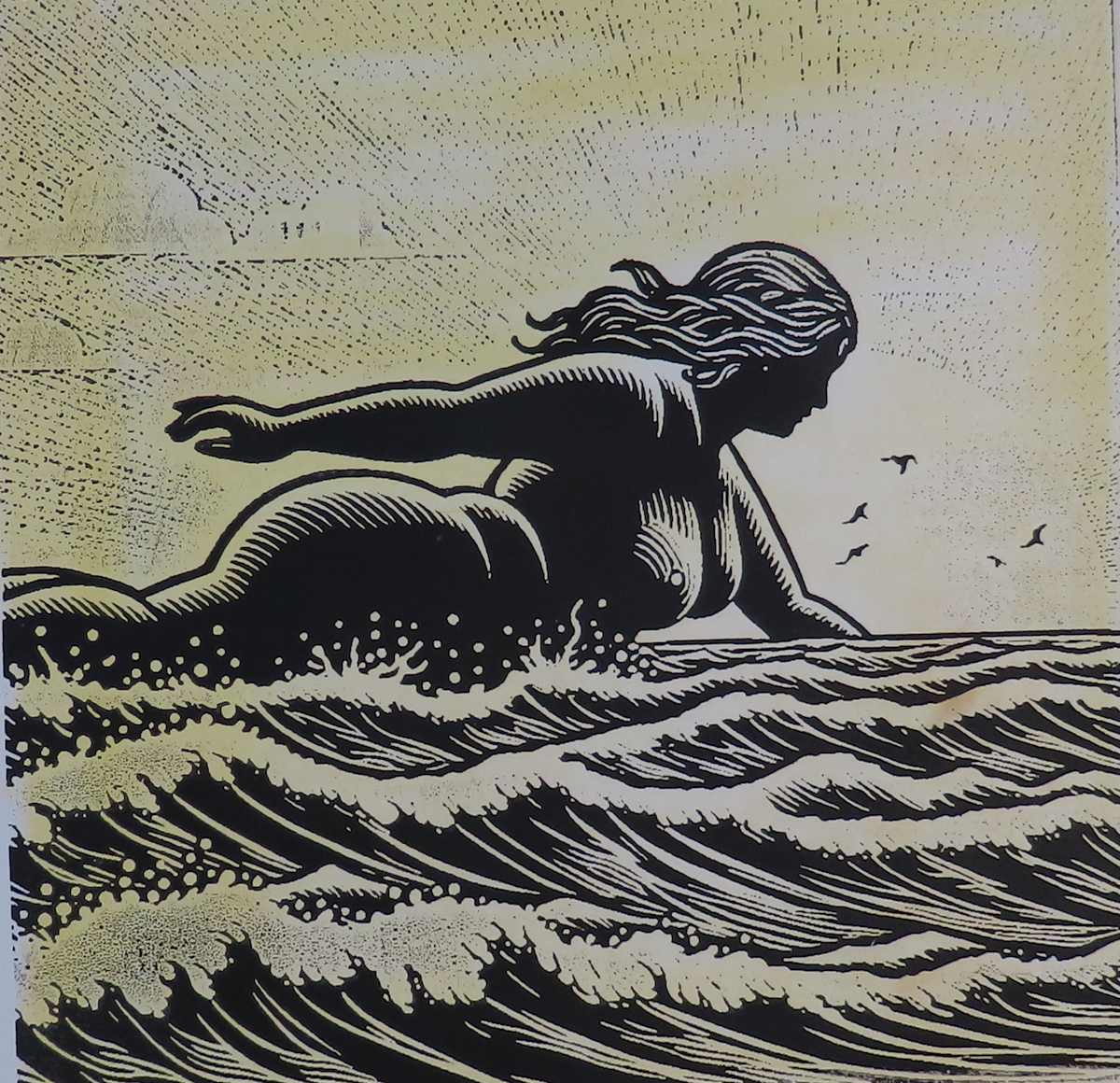Swimmer - Woodcut by dennis gordon 