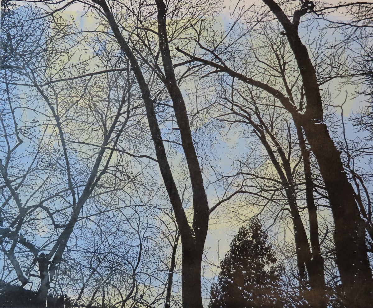 Winter View by dennis gordon  Image: Background painting with brayers (rollers) and oil-based relief inks.  When dry, wood block is inked in black and printed on this background.