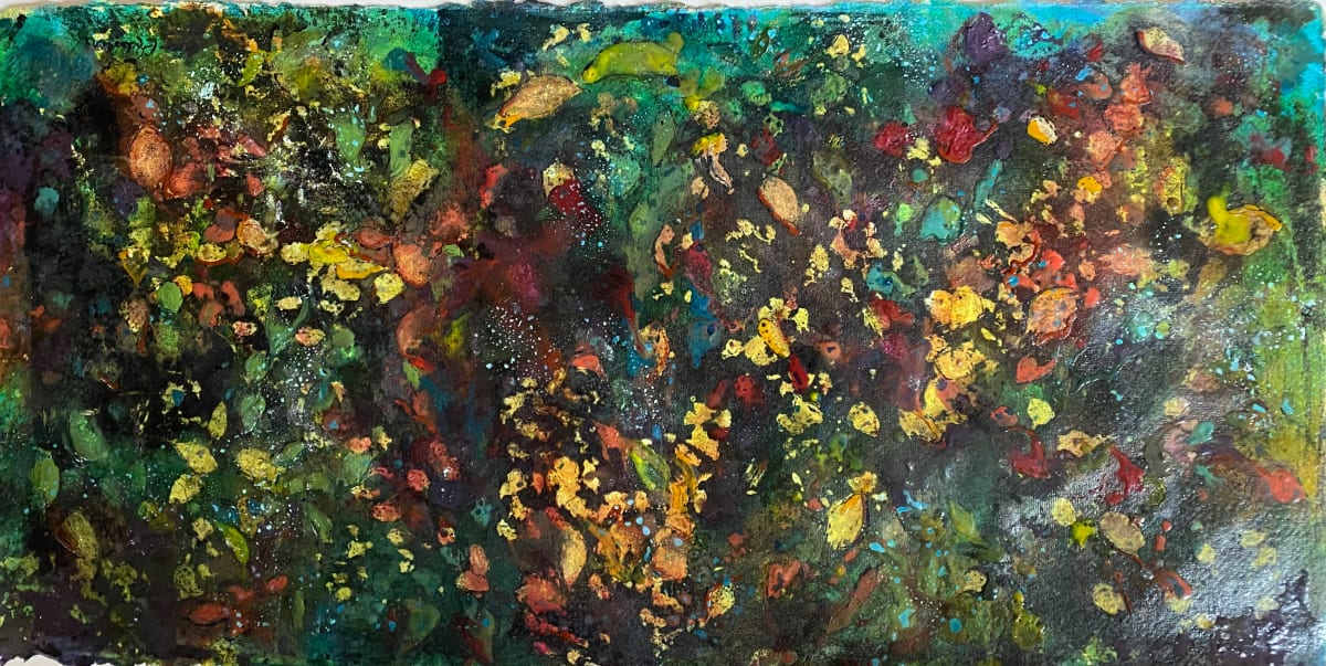 Leaves in Suspension by Cheryl Ann Boc-Chidester  Image: Encaustic leaves with fabric dyes and inks