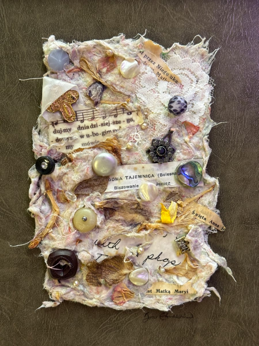Her-Stories; Tajemnica by Cheryl Boc-Chidester  Image: Keepsakes on paper made from vintage family handkerchiefs tells the story of the women in the family. 