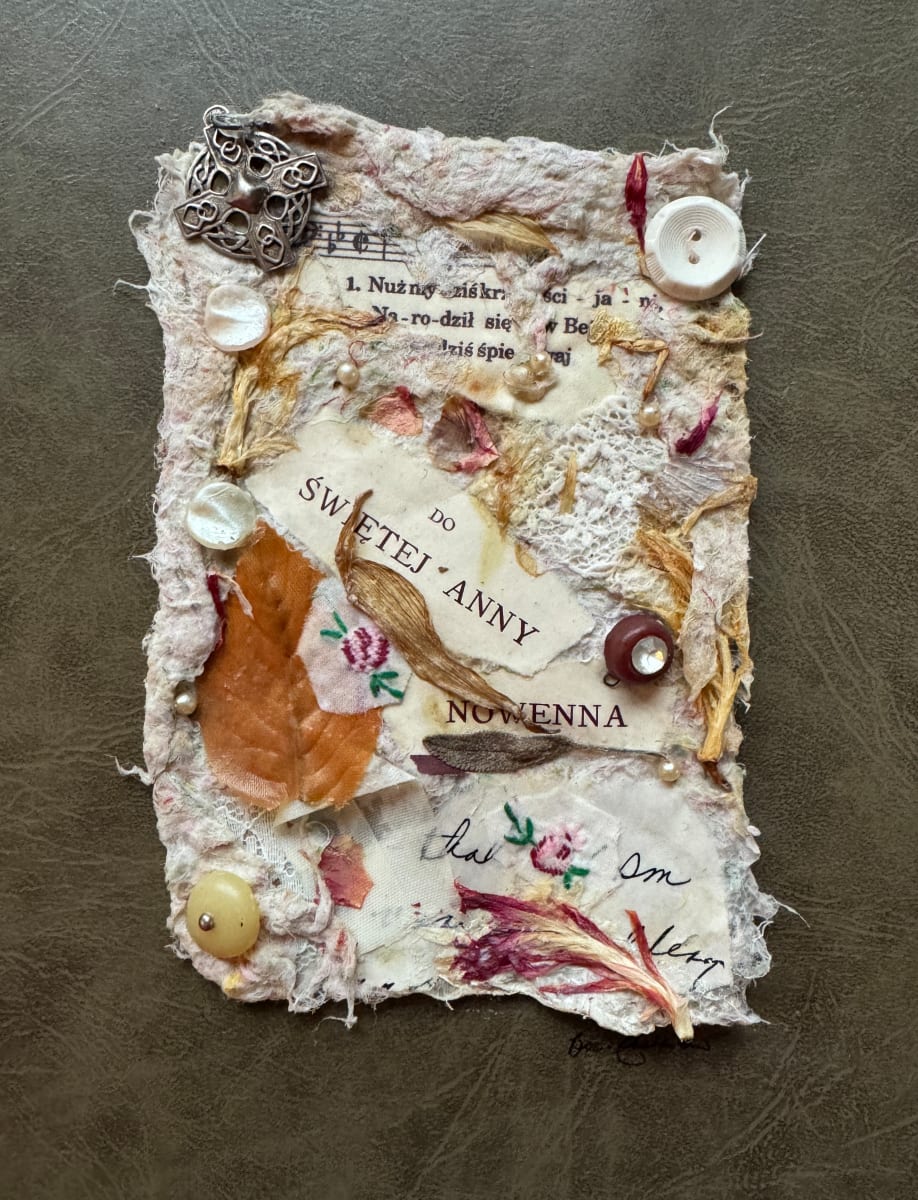 Her-Stories; Swietej Anny by Cheryl Boc-Chidester  Image: Her-Stories, created with paper made from vintage handkerchiefs, showcases family mementos of the women in a family. 