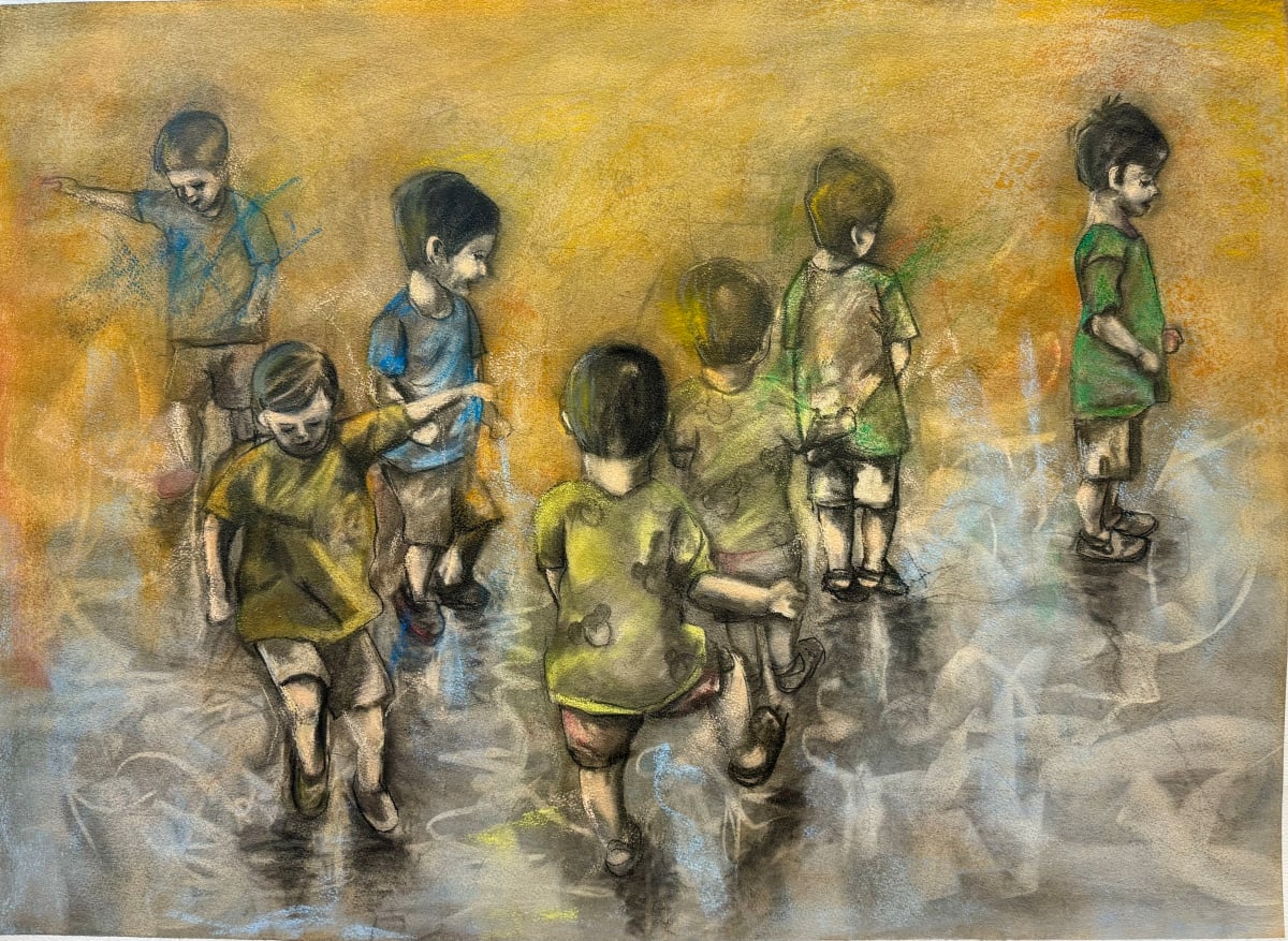 Puddle Jump Bliss by Megha Nema  Image: 22x30 in, Charcoal and pastel on paper