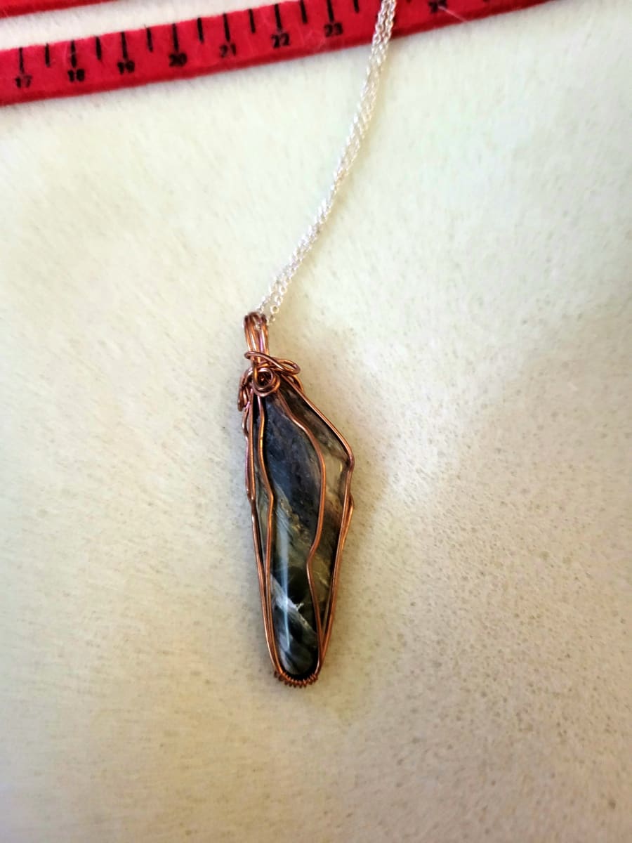 Table Mesa Jasper Pendant Necklace by Anthony Matzke  Image: Table Mesa Jasper Pendant wrapped in copper wire with Sterling silver chain 