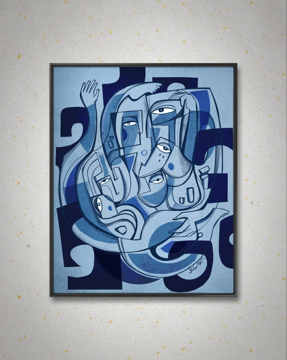 Abandon by Ishita Banerjee  Image: Loosely flowing, deconstructed, Cubist painting of inter-twined bodies by Ishita Banerjee, rendered in mineral blues. An interpretation of how we exist within pockets of spaces, of negative and positive shapes, between forms and emotion. A densely interwoven composition, rife with macro and micro nuanced expressions of human existence.