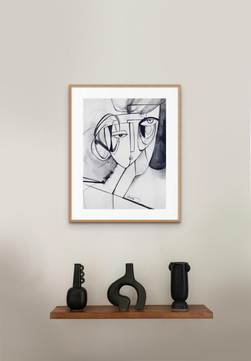 Noir by Ishita Banerjee  Image: Noir, Modern Cubist, Abstract Faces in monochrome, fine art print by Ishita Banerjee, Soul Curry Art