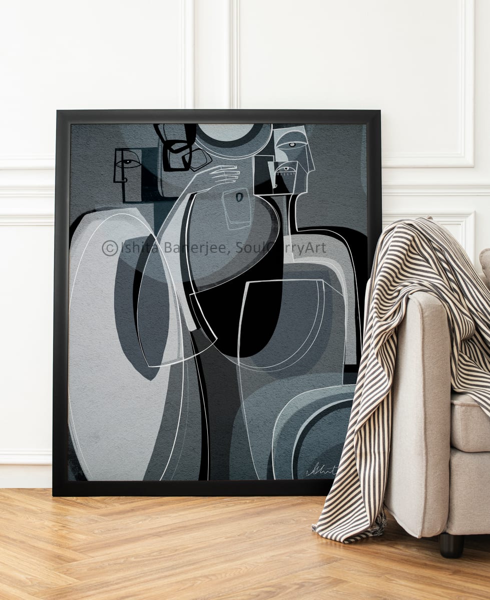 Overlapping Lives by Ishita Banerjee  Image: Overlapping Lives, Black and white, Monochrome, Cubist faces, abstract art print by Ishita Banerjee, Soul Curry Art