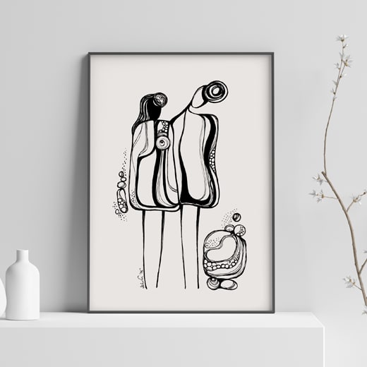 Pod People- Couple by Ishita Banerjee  Image: Pod People Couple, Minimal, Figurative Line Art Drawing, Fine Art Print by Ishita Banerjee, Soul Curry Art