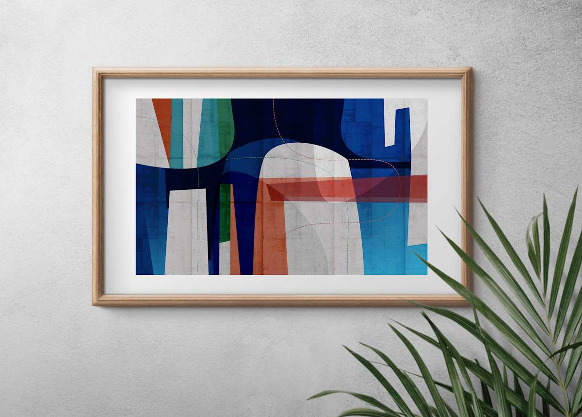River by Ishita Banerjee  Image: Rivers, Blue and Rust, Mid Century Modern, Geometric, Abstract, Fine Art Print by Ishita Banerjee, Soul Curry Art