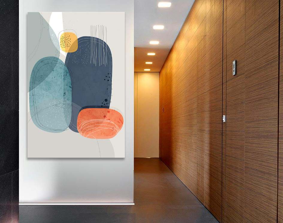 Rock Faces by Ishita Banerjee  Image: Rock Faces, Nature Landscape, Mid-Century Modern, Abstract, Fine Art Print by Ishita Banerjee, Soul Curry Art hanging in a hotel lobby