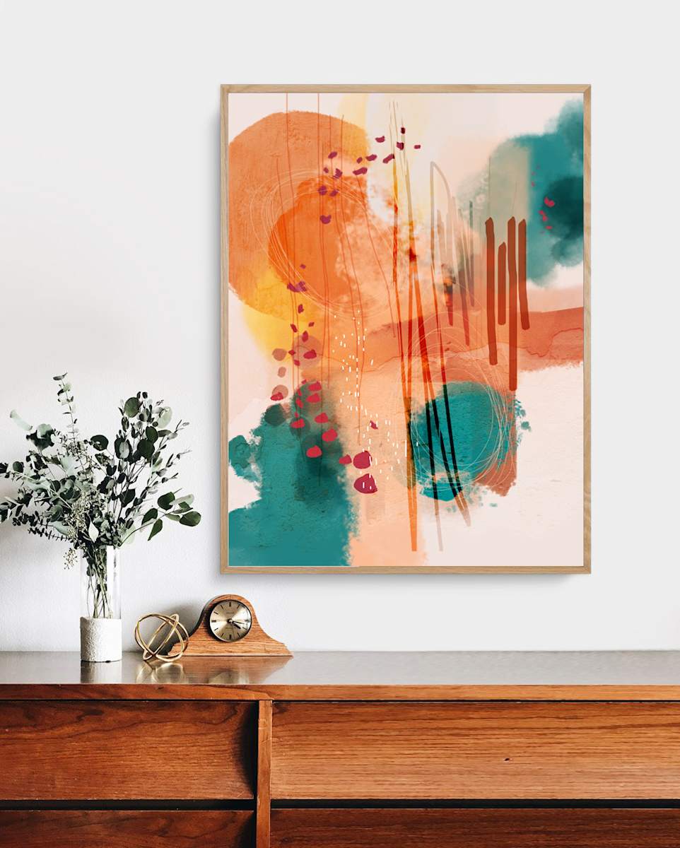 Sunset Beach by Ishita Banerjee  Image: Sunset Beach, Nature Landscape, Mid-Century Modern, Abstract, Fine Art Print by Ishita Banerjee, Soul Curry Art