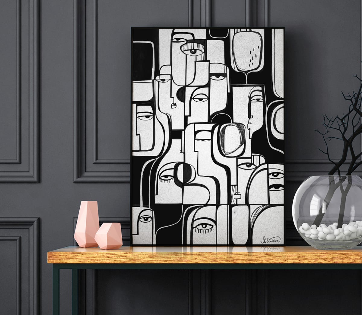 Synchronicity by Ishita Banerjee  Image: Synchronicity, Black and white, Cubist Abstract, Fine Art print by Ishita Banerjee, Soul Curry Art