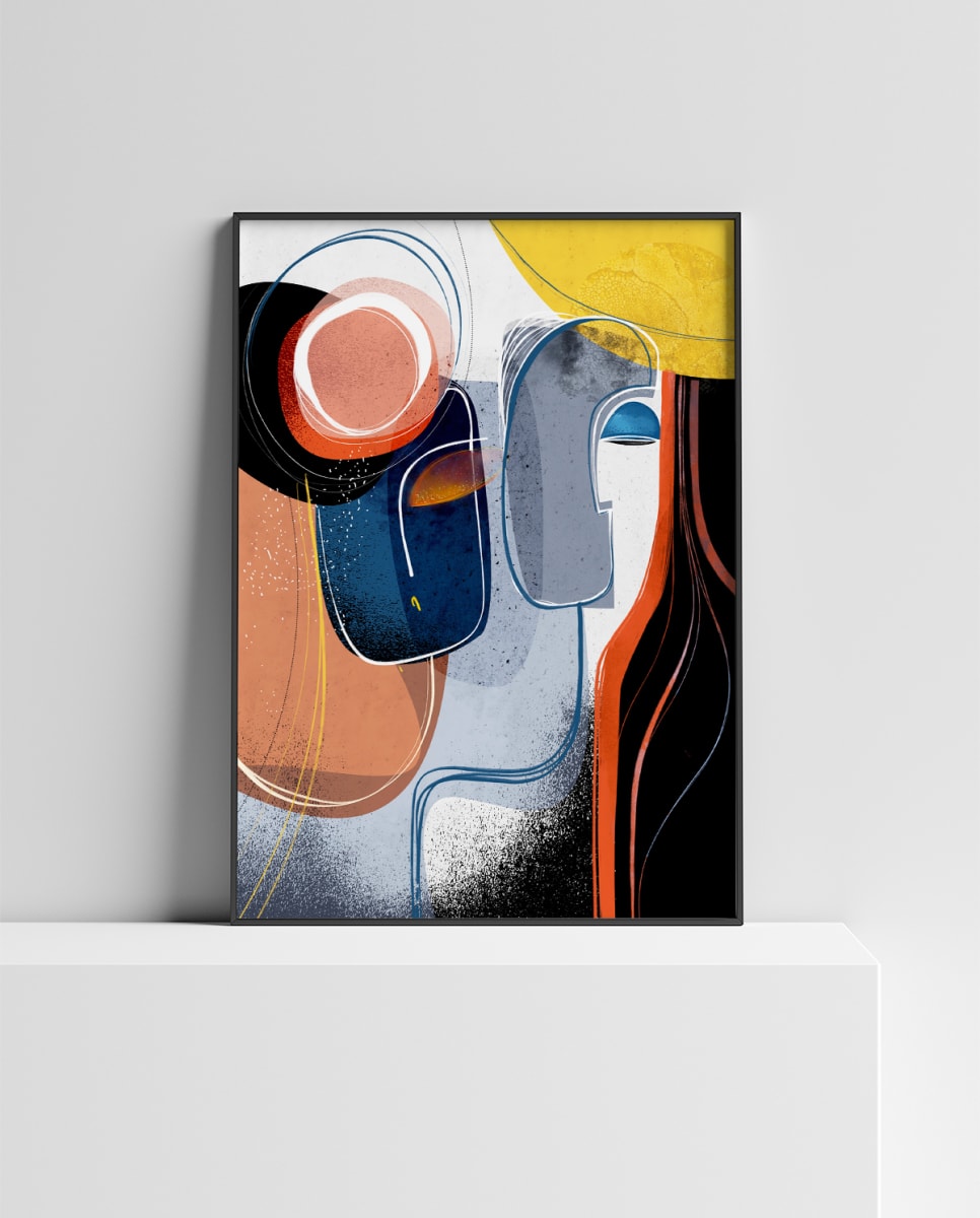 Tryst By The River by Ishita Banerjee  Image: Tryst by the River, Modern Cubist, Colorful Abstract Art print by Ishita Banerjee, Soul Curry Art