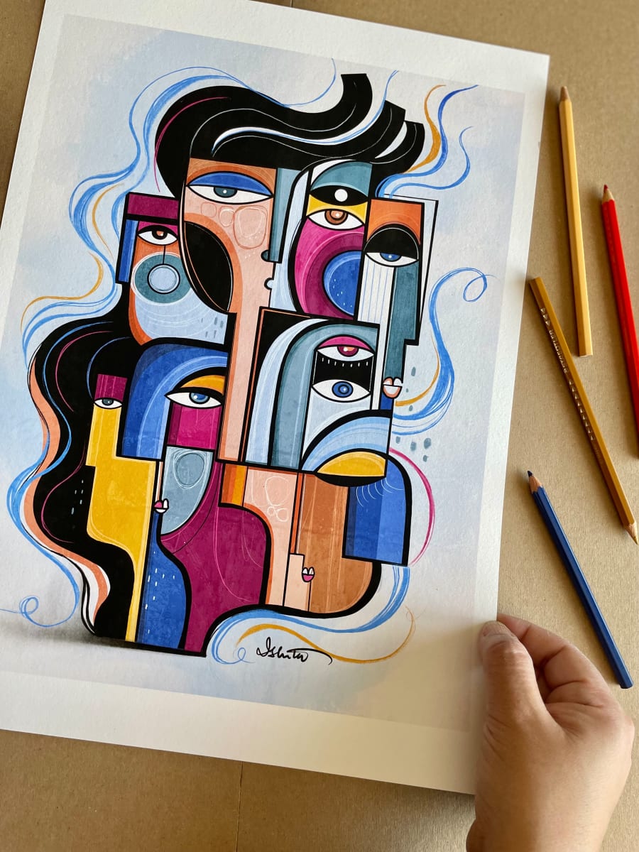 Victory by Ishita Banerjee  Image: Victory, Modern Cubist, Abstract Faces, Fine art Print by Ishita Banerjee, Soul Curry Art