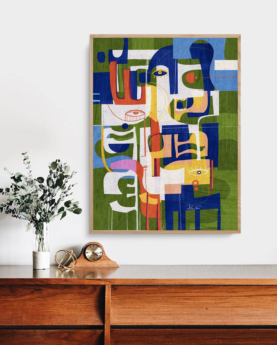 Virtual Existence by Ishita Banerjee  Image: Virtual Existence, Modern Cubist, Bauhaus Fusion, Abstract artwork by Ishita Banerjee, Soul Curry Art, 2024