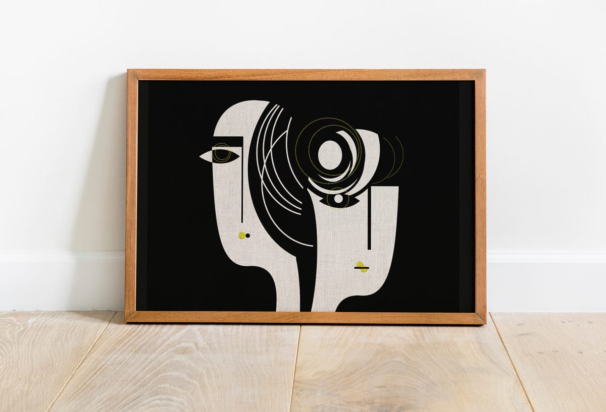 The Couple by Ishita Banerjee  Image: The Couple, Cubist Abstract Faces, Black and White, Fine Art Print by Ishita Banerjee, Soul Curry Art