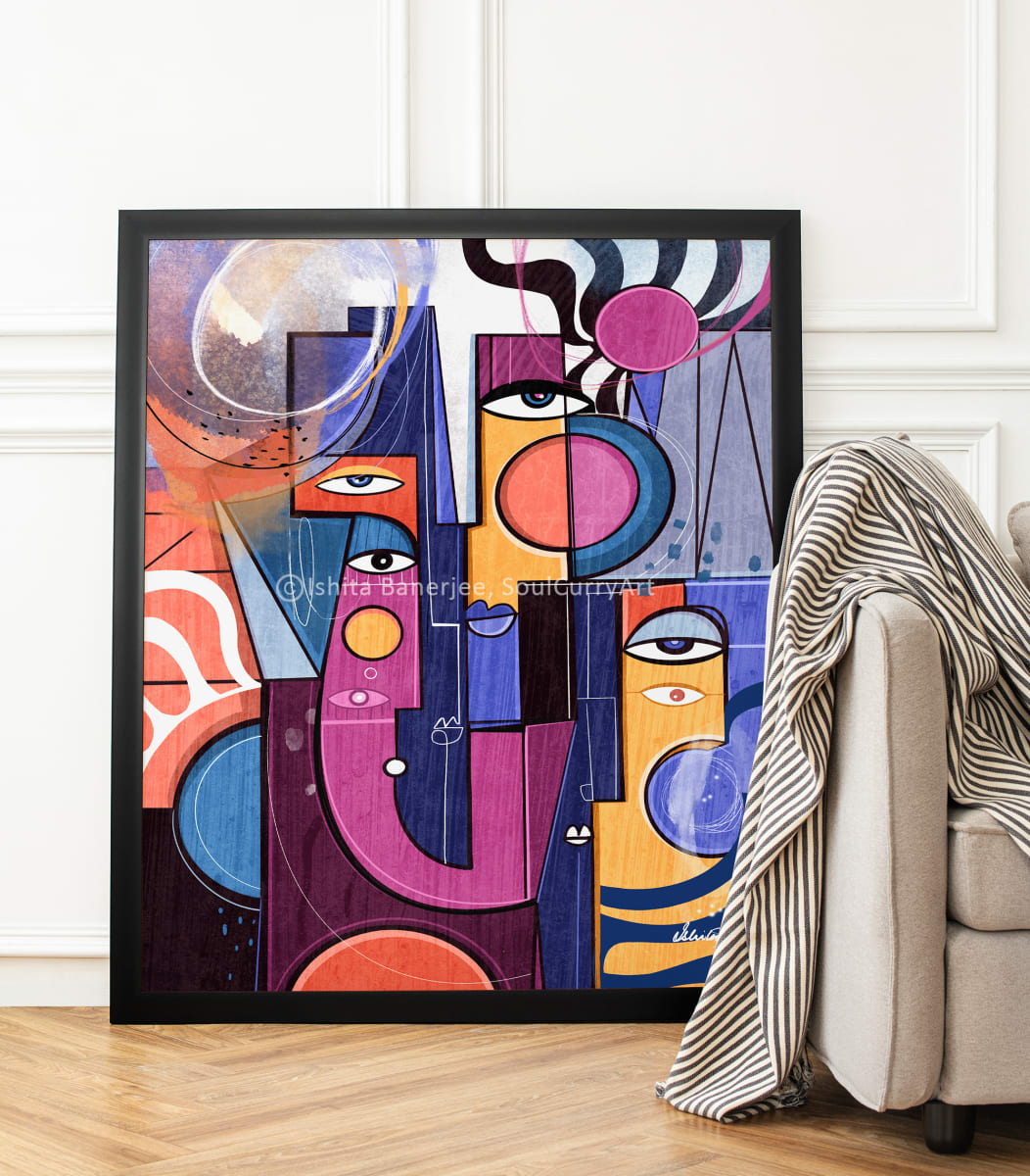Fiesta by Ishita Banerjee  Image: Fiesta, Modern Cubist, Colorful, Fine art print by Ishita Banerjee, Soul Curry Art