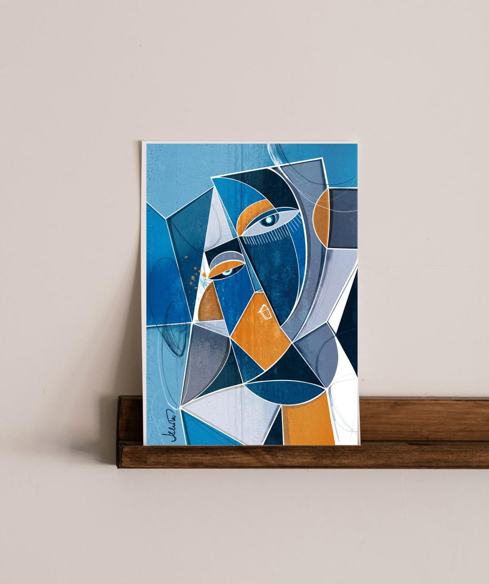 Midnight's Child by Ishita Banerjee  Image: Midnight's Child, Cubist Abstract Faces, Blue, Fine Art print by Ishita Banerjee, Soul Curry Art