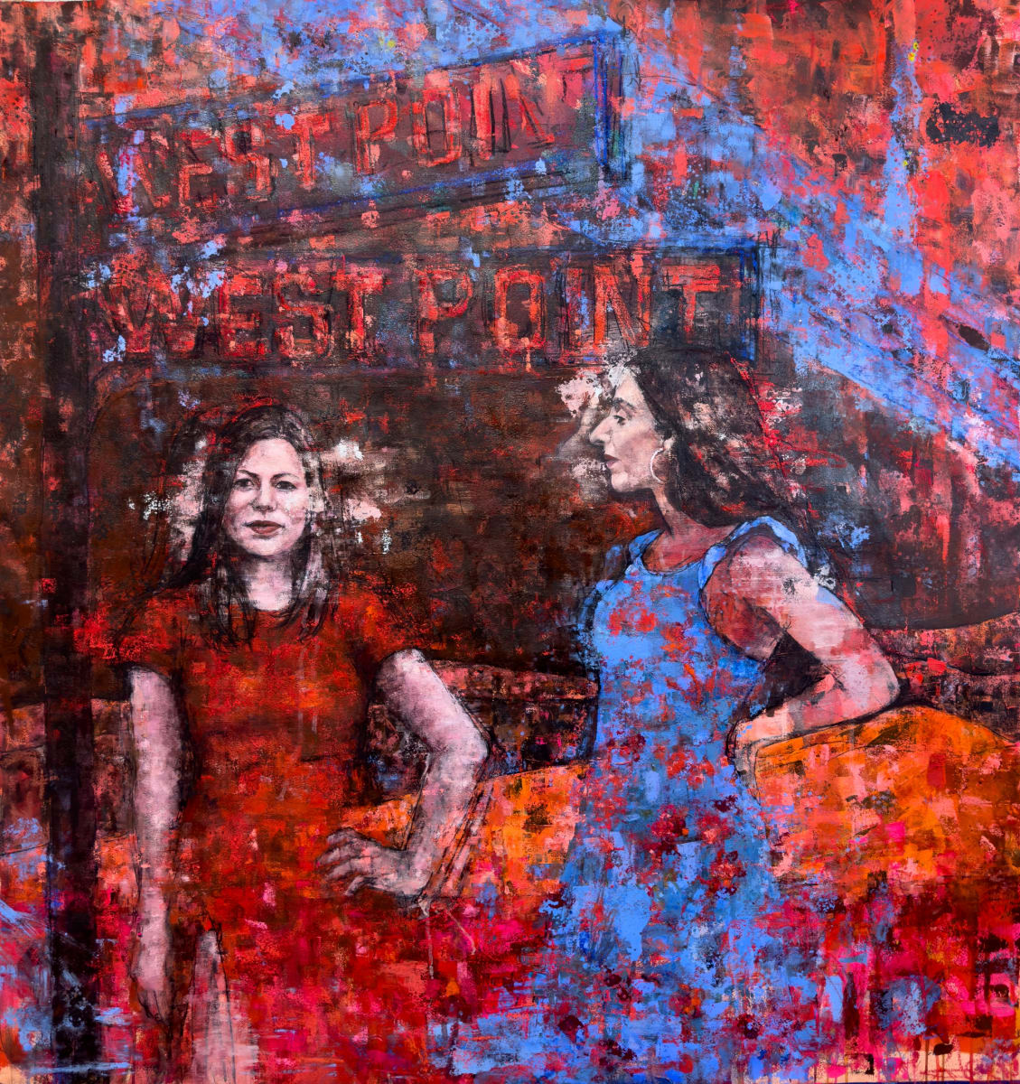 Stations are for Coming and Going by Vanessa Osmon  Image: In this specific work, Stations are for Coming and Going, the ideas of impermanence, moving, seasons in life, the family we make and leave, and change are all embodied here.  My two subjects are depicted at the historical train station situated on the Hudson River, below the bluff that holds the United States Military Academy. One is a nurse for the Spanish Army; her husband assigned to West Point, and this their last summer.  The other spouse, an American like myself, also holds a departure on the horizon.  These two women, from different parts of the world, were uprooted and thrown together.  Like many military spouses, they made friends that became family, knowing all too well that this station would change. 
Stations are for coming and going.  


