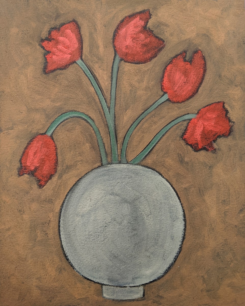 Red Flowers in Round Vase by Kari Breitigam 